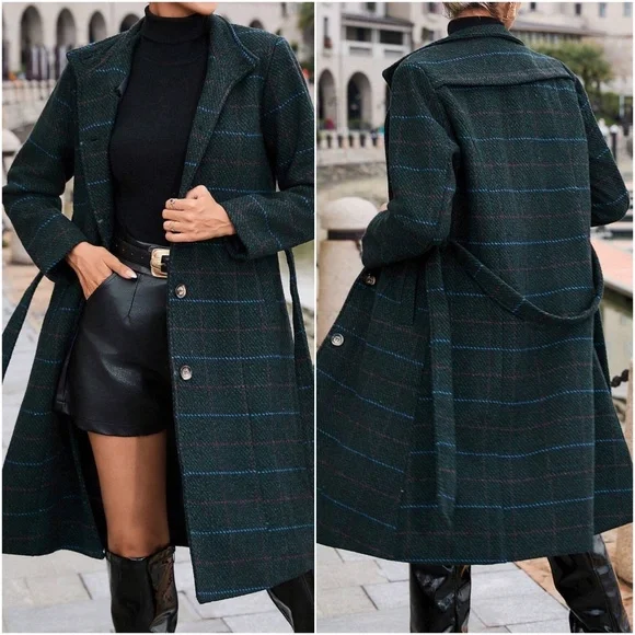 Classic Plaid Print Button Belted winter Jacket Trench Coat - Picture 3 of 3
